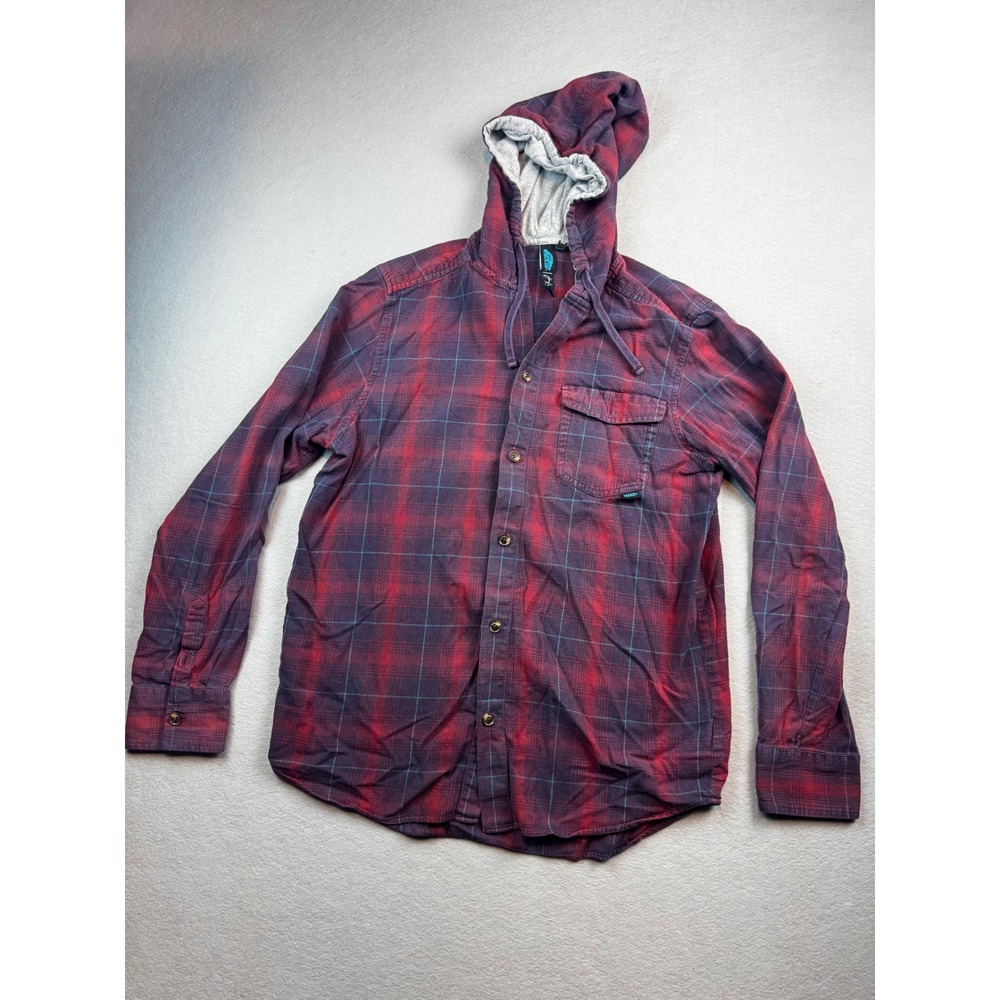 Vans Off The Wall Joel Tudor Hooded Flannel Shirt Mens Small Red Purple Plaid